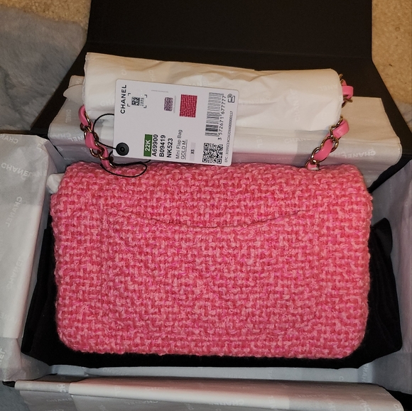 Chanel Classic Rectangular Mini Flap 22K Pink Tweed Light Gold tone Hardware - Picture 13 of 14